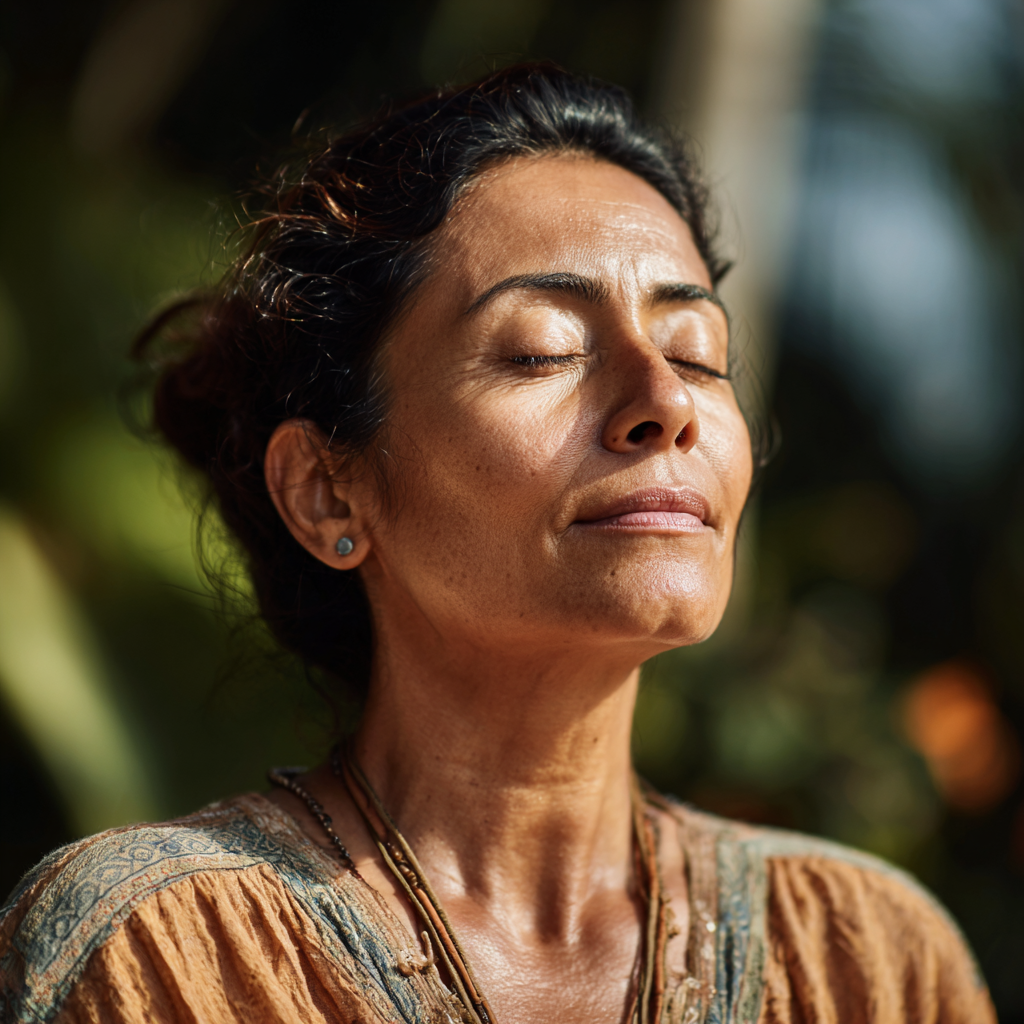 Peaceful Mexican woman in her 40s practicing yoga in a serene natural setting, smiling with eyes closed during meditation