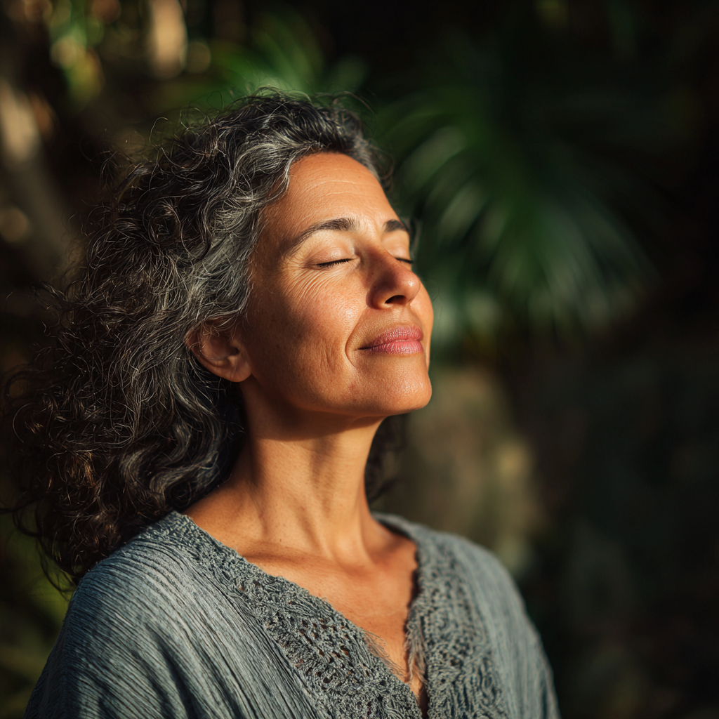 Relaxed Mexican woman in her 50s lying in peaceful savasana pose with a serene smile, eyes gently closed in a calm yoga studio